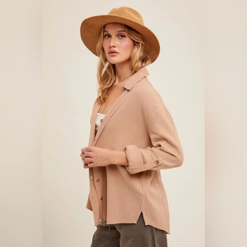 #H1 Crinkle Gauze Button Down Shirt 🤎 - Picture 3 of 4